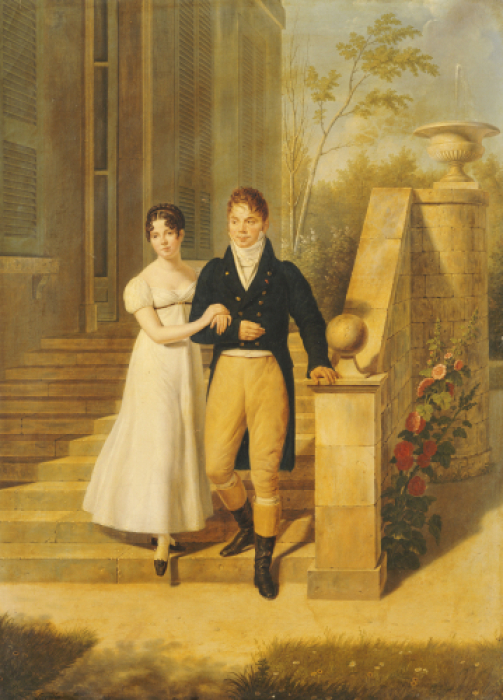 Portrait Of A Lady And A Gentleman On The Steps Of A Chateau by Anthelme Francois Lagrenee
